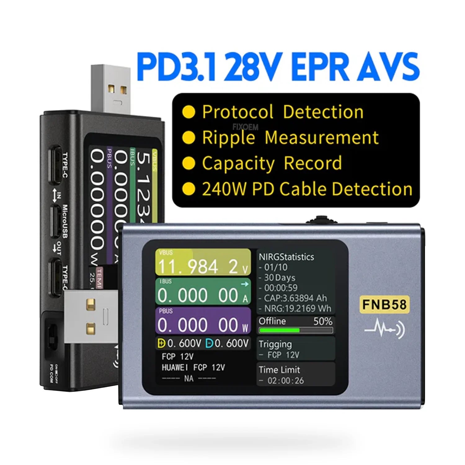 Probador Tester Usb Bateria FNIRSI Fnb58P |+4,000 reseñas 4.9/5 | recibe en 2 días