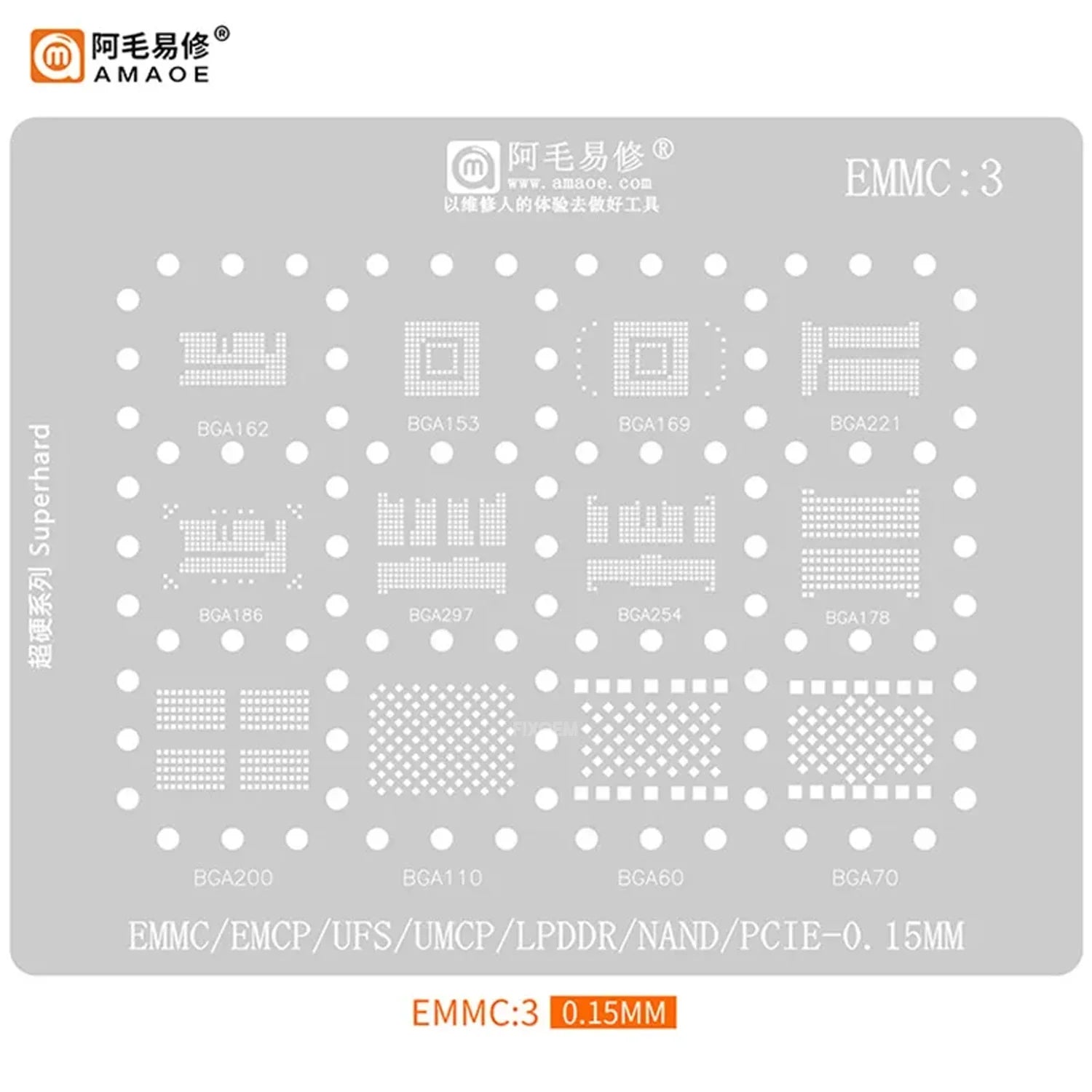 Stencil Amaoe EMMC / EMCP / UFS / UMCP / LPDDR / NAND / PCIE Emmc:3 0.15MM |+4,000 reseñas 4.9/5 | recibe en 2 días