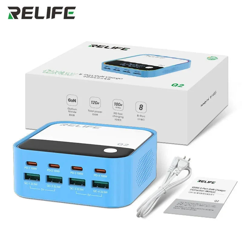 Multicargador Relife 8 Puertos Gan Q2 120W |+5,000 reseñas 4.9/5 | recibe express 2 días